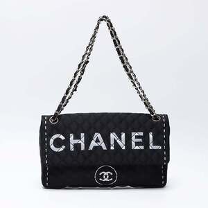 CHANEL Coco Mark Matelasse 2008 Nylon Handbag Black WS12244